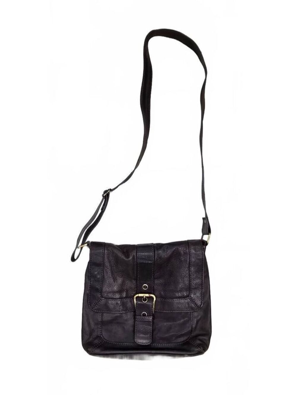 5th Avenue Black Leather Crossbody Bag with Buckle Detail